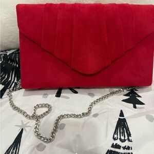Red Suede Clutch w/46” detachable Chain Strap/ perfect condition,smoke free home